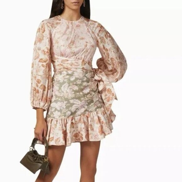NWT Zimmermann Lyre Wrap Billow Mini Dress US 6 Linen Ruffle Long Sleeve $795 - Picture 6 of 16